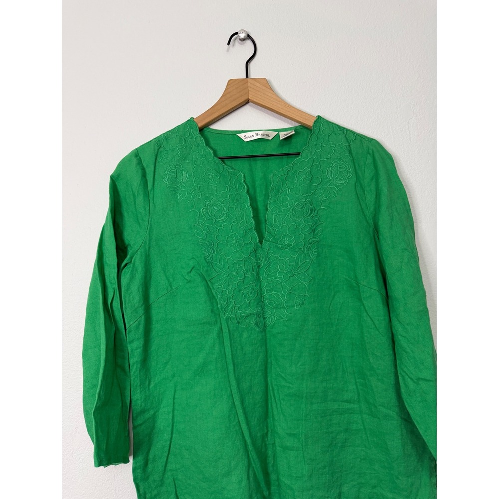 Vintage Susan Bristol - 100% Linen Kelly Green Embroidered Blouse Size Large - Picture 2 of 8
